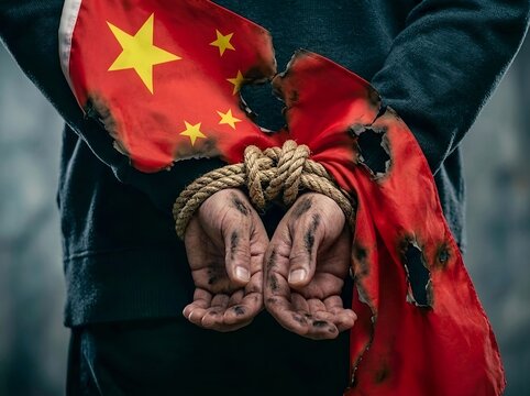 Bound Hands Behind Back with Chinese Flag. Political repression, human rights concerns, censorship, detention, authoritarianism, geopolitical tension, and international conflict. For politics, global