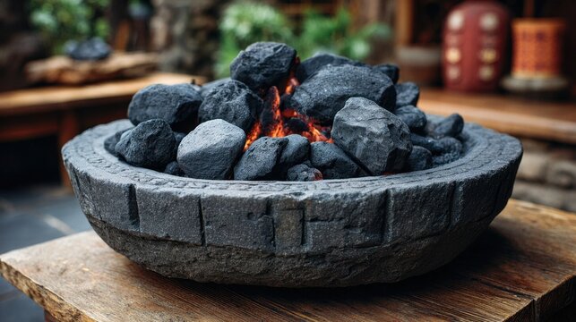 Glowing charcoal embers in rustic stone fire pit bowl on outdoor table