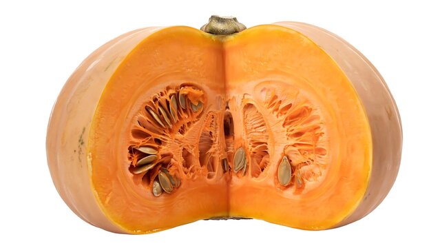 Fresh orange pumpkin cut in half with seeds inside isolated on white background