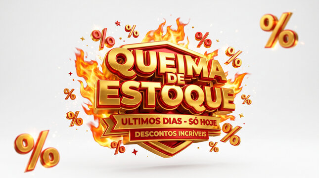 Fiery Sale Alert: A bold, 3D graphic design featuring QUEIMA DE ESTOQUE (Stock Liquidation) in fiery gold letters, surrounded by dramatic flames and floating percentage symbols.