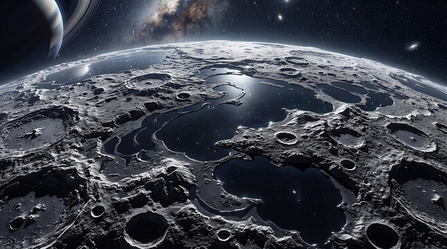 Cratered Lunar Surface with Dark Basins and Ringed Planet Against a Starry Space Background