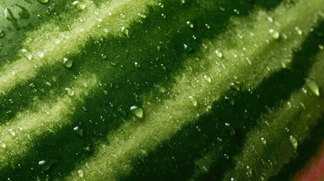 Macro view of glistening water droplets on vibrant green striped fruit rind