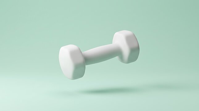 Minimalist white dumbbell with smooth rounded edges floating against a soft pastel turquoise background emphasizing fitness and