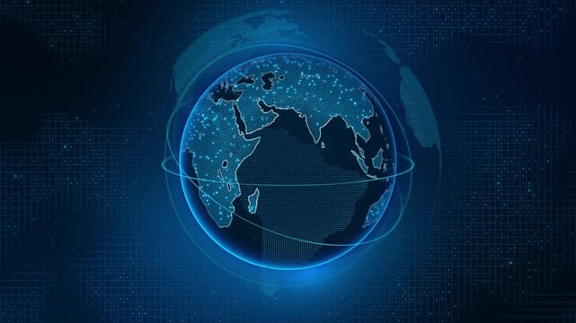 Animated digital planet by network rings and luminous interface details for worldwide communication, online business, digital transformation, cloud systems and connected technology themes.