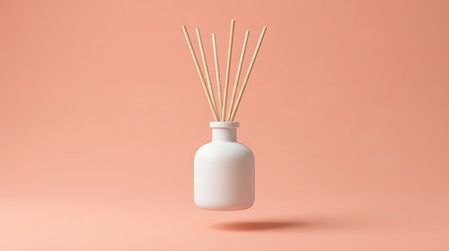 Minimalist white ceramic diffuser with wooden sticks on pastel pink background showcasing calming decor element