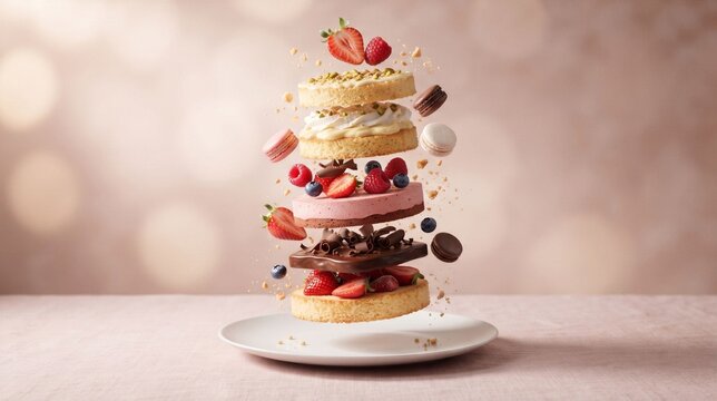 Deconstructed Floating Layer Cake with Fresh Berries and Chocolate on Plate