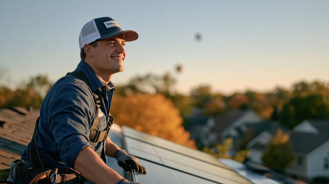Solar roofing technician on a suburban house roof looking over shoulder as Thanksgiving parade balloons drift past above a distant street, over-the-shoulder framing showing tool