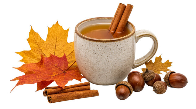 Autumn coffee mug with cinnamon sticks, fall leaves and nutmeg spices, warm seasonal hot drink concept for cafe menu isolated PNG with Transparent Background