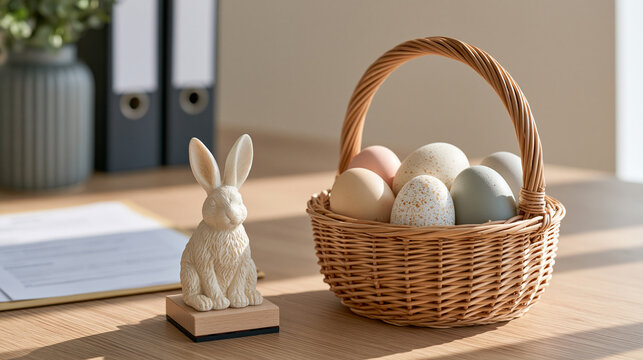 Immigration services office empty minimalist studio shot, single object focus on a detailed Easter basket with eggs and bunny figurine placed beside a visa application folder and