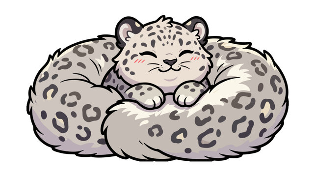 Cute chubby snow leopard curled up with fluffy tail vector illustration