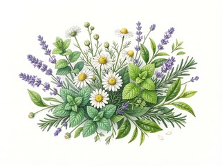 Fototapeta premium Botanical floral arrangement showcasing chamomile lavender mint leaves green tea sprigs herbal remedies natural life wellness.
