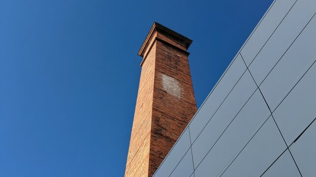 Old brick chimney contrasted with modern paneled building under blue sky