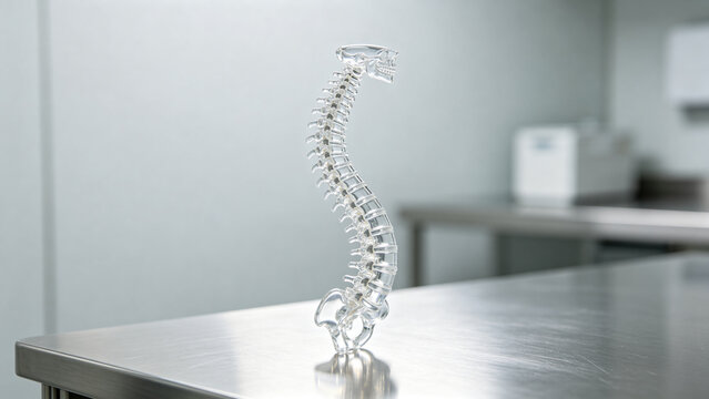 Translucent anatomical model of human spine with lateral S-curve on steel table, scoliosis and medical education concept