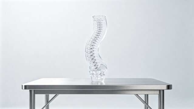 Translucent anatomical model of human spine with lateral S-curve on steel table, scoliosis and medical education concept