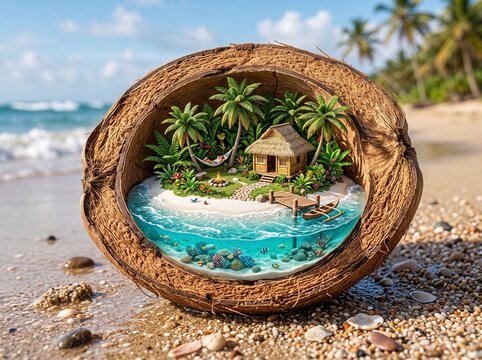 tiny tropical island inside a coconut shell