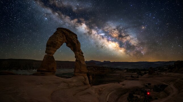 Stunning Milky Way galaxy arching over Delicate Arch in Arches National Park at night.