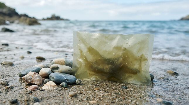 A single starfish trapped inside a plastic bag left on a sandy beach shore with ocean waves in the background showing environmental pollution and the harm to marine life in our oceans today