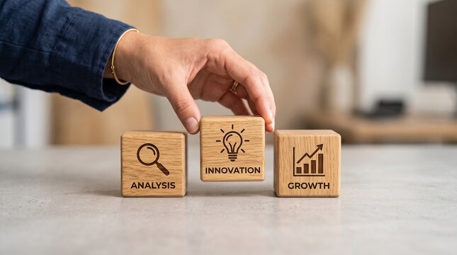 Business innovation wooden blocks, analysis and growth strategy concept, hand placing lightbulb cube for corporate success