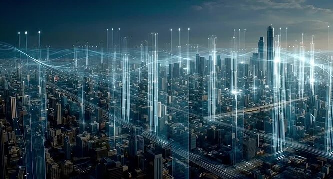 Aerial view of a modern cityscape with futuristic network connections and glowing data streams, illustrating the concept of a smart city, 5g technology, and global data transmission