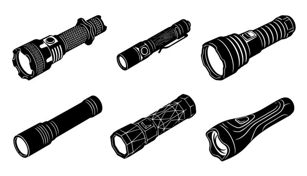 Tactical Flashlight Vector Set, Black and White LED Flashlight Silhouette Collection, Portable Emergency Torch Light Equipment Elements