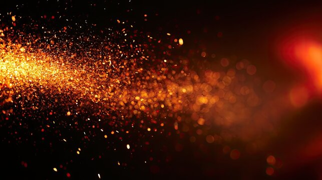 Glowing particles swirl against a dark background with orange light
