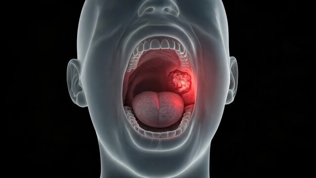 Oral Cancer, Medical Illustration Showing Pathological Lesions and Tumor Tissue Inside Human Oral Cavity Structure