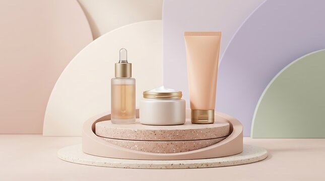 Elegant skincare product display with minimalist pastel tones and smooth geometric backgrounds capturing beauty and wellness