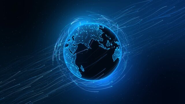 Digital globe animation with sweeping connection trails and network motion for telecommunications, online infrastructure, high-speed data, global business, technology and digital transformation.