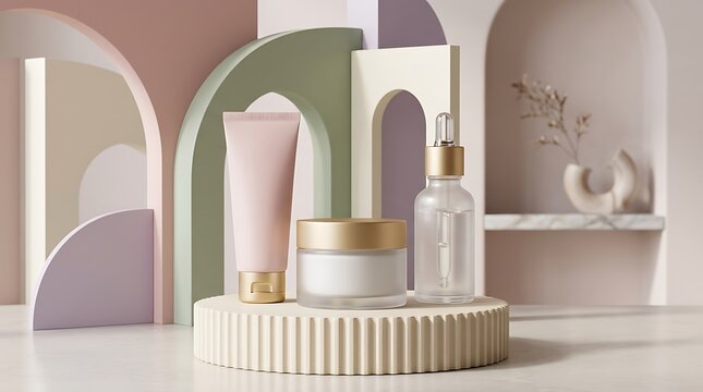 Minimalist skincare product display with pastel arches and clean aesthetic for beauty branding