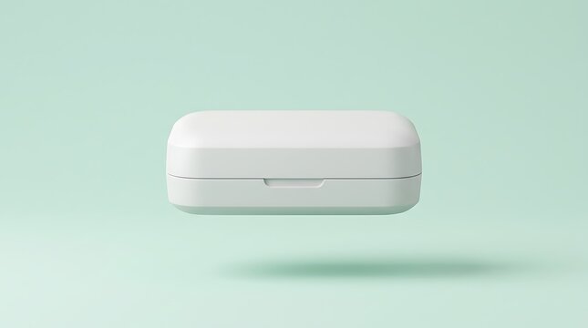 Minimalist compact wireless earphone case floating against pastel background