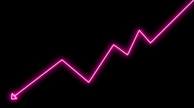 Neon pink financial growth chart animation, rising stock market graph line, business success and economic recovery concept on black background