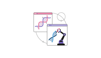 Fototapeta premium Biotechnology and Genetic Engineering Vector Illustration Showing Robotic Arm Editing DNA Strand with Digital Software Interface Windows for Synthetic Biology Technology Concept