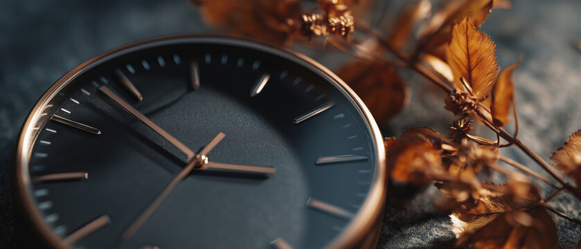 modern minimalist watch with golden autumn leaves time management banner