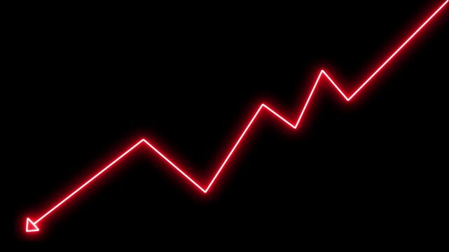 Neon red financial growth chart line graph animation on black background, glowing financial chart