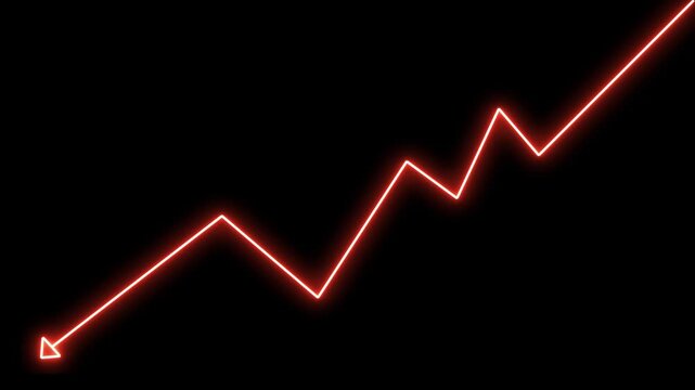 Neon red financial growth chart line graph animation on black background, glowing