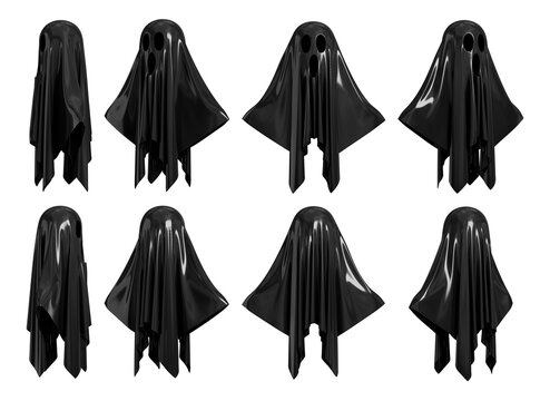 Isolated cartoon black glossy sheet ghost character set from multiple angles. 3D rendering.