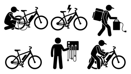 Naklejka premium Electric bicycle eco transportation and maintenance vector icons set featuring e-bike charging stations, battery installation, mechanic repairs, and delivery courier silhouette.