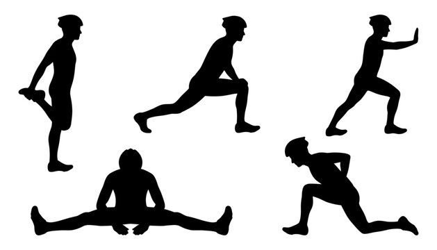 Athletic runners flexibility and warmup routine vector icons set featuring athletes performing standing quad stretches, deep leg lunges, calf wall stretches, and wide split seating silhouettes.