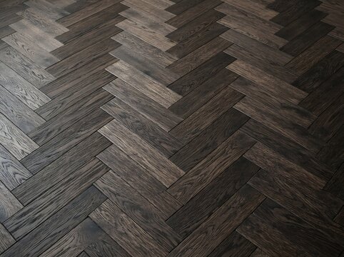 Dark herringbone wood parquet flooring with rich texture and chevron pattern. Sophisticated interior design background for high-end residential architecture.