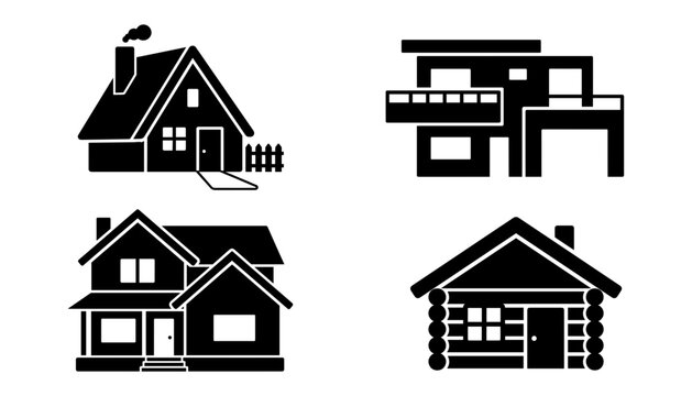Real estate property and residential house building architecture vector icons set featuring countryside cottage, modern villa apartment, two story suburban home, and wooden log cabin silhouette.