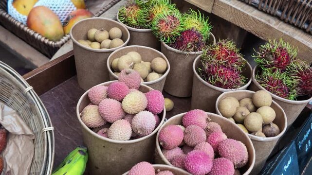 Exotic tropical fruits displayed at a local market stall