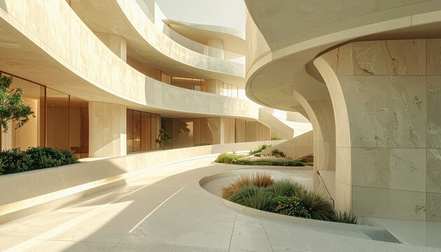 Modern curvilinear building with limestone facade and landscaping