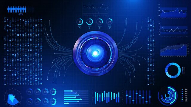 Animated analytics interface presenting graphs, indicators and live data visuals for corporate strategy, decision support, market analysis, automation, operations and enterprise technology.