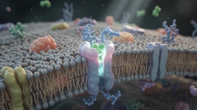 A highly detailed 3D rendering of a biological cell membrane with various embedded proteins and an active ion channel facilitating molecular transport.