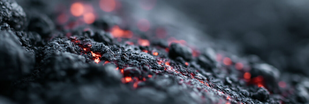 Close-up of glowing lava rock texture with orange embers against dark ash background.