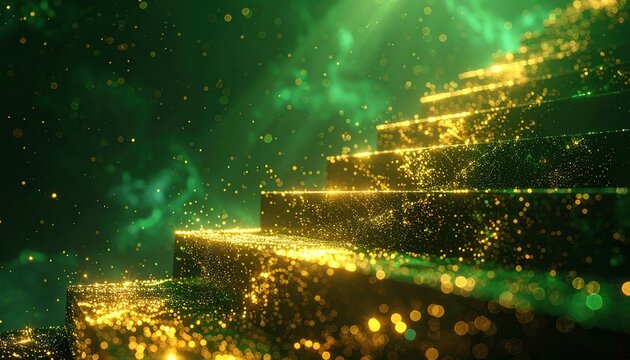 Gold particles forming an upward staircase with green glow, minimalist investment background