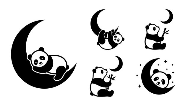 Cute panda bear vector icons set featuring sleeping cartoon pandas sitting on crescent moon, hanging from branch, and eating bamboo stalks silhouette.