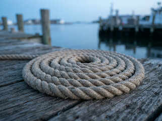 Obraz premium Coiled natural fiber rope resting on weathered wooden planks beside a wooden pier