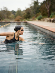 Fototapeta premium Woman swimming freestyle beside a rectangular pool with a tiled stone border