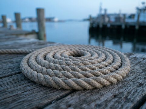 Coiled natural fiber rope resting on weathered wooden planks beside a wooden pier